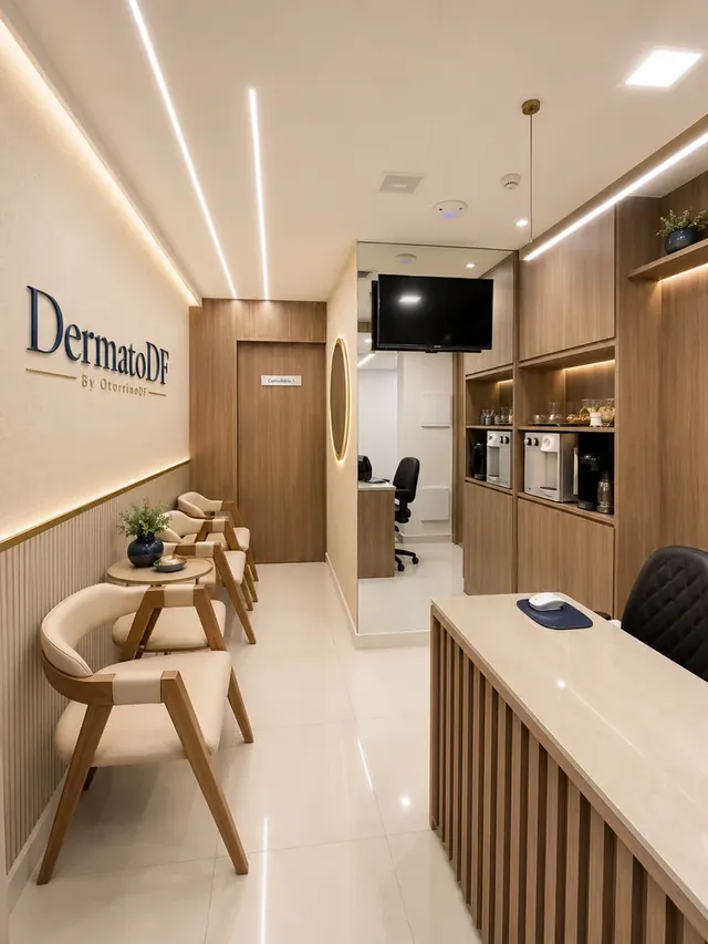 Recepção da DermatoDF, com a marca na parede